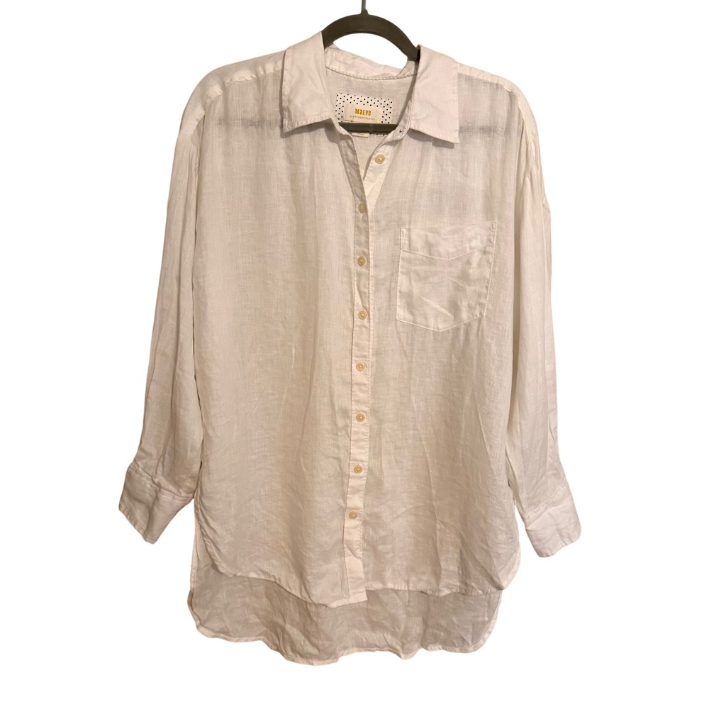 Maeve Anthropologie White 100% Linen Button Down Shirt Small Beach Resort